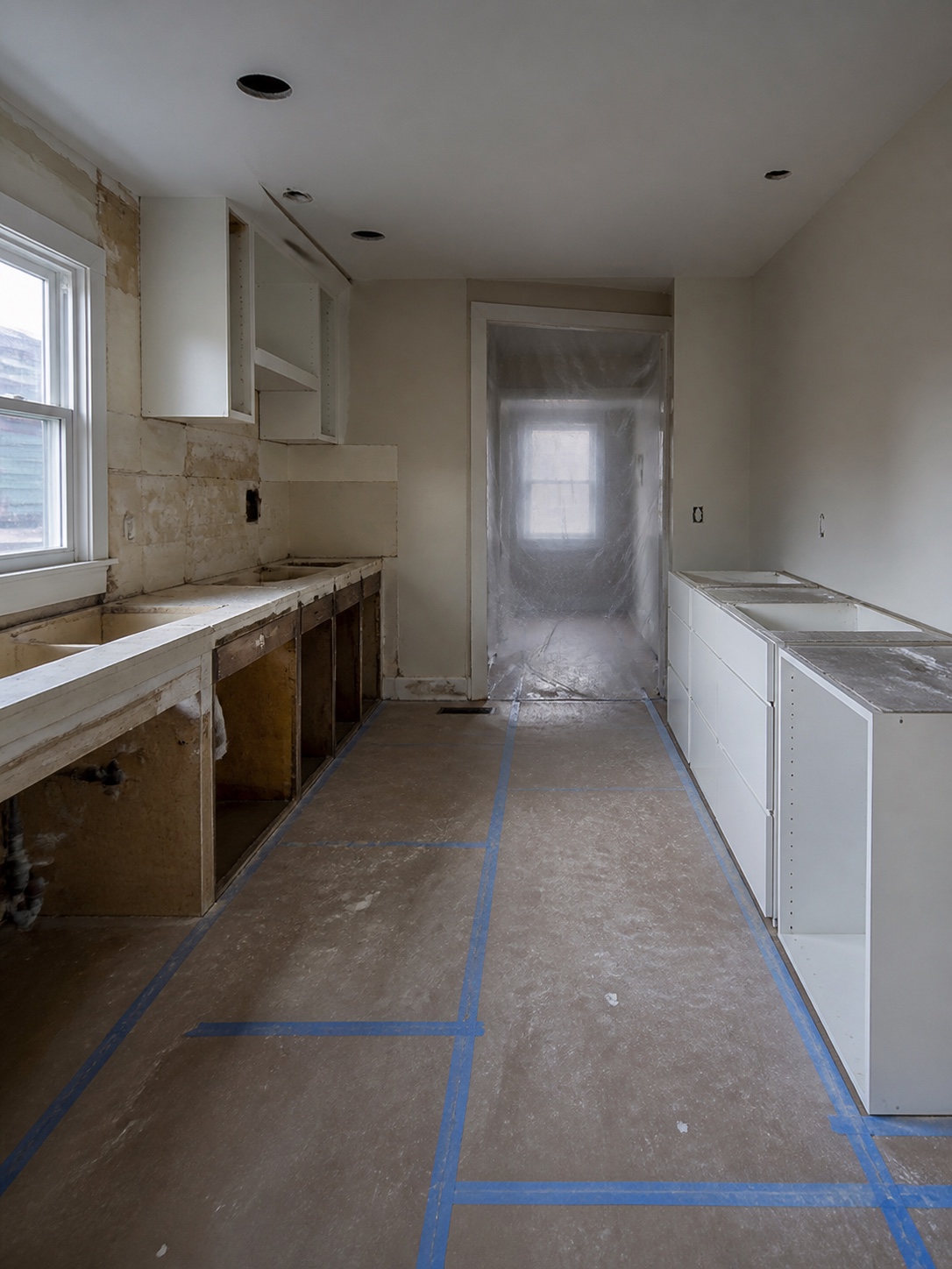 Mid-project — new cabinet boxes set to a level line