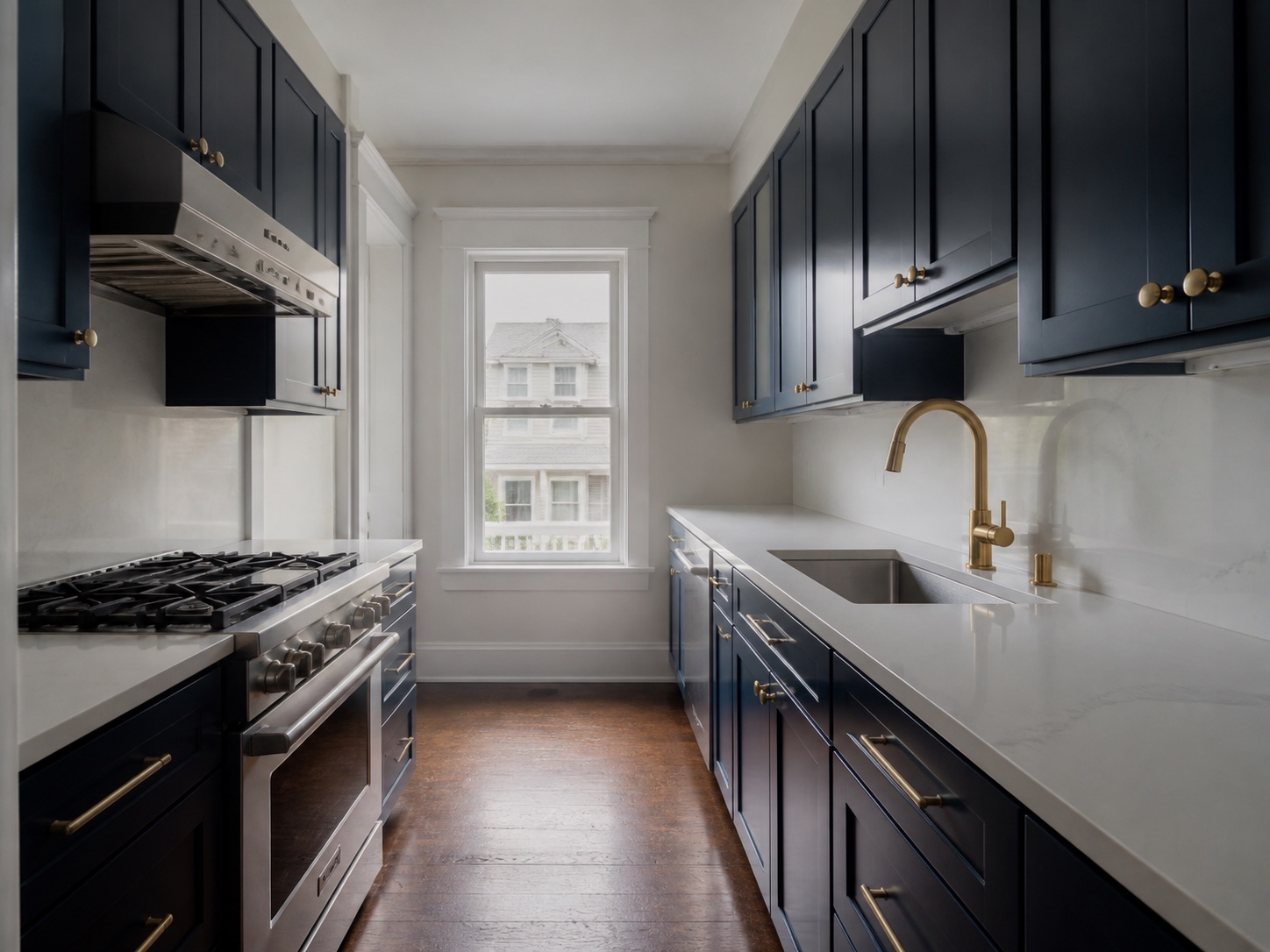 Compact galley kitchen — white quartz and dark cabinets