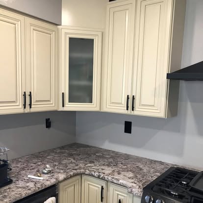 Antique-white cabinets, lattice backsplash — backsplash installation by GT Stone and Cabinets Installation in South Amboy, NJ
