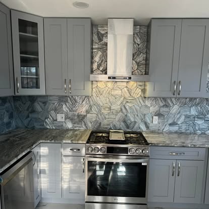 Grey-blue cabinets, quartzite counters — photo 5 of 13, by GT Stone and Cabinets Installation in South Amboy, NJ