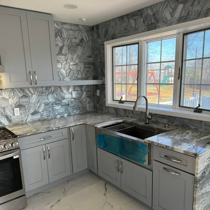 Grey-blue cabinets, quartzite counters — photo 6 of 13, by GT Stone and Cabinets Installation in South Amboy, NJ