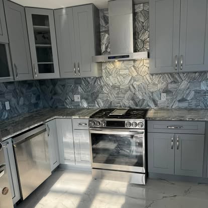 Grey-blue cabinets, quartzite counters — photo 8 of 13, by GT Stone and Cabinets Installation in South Amboy, NJ