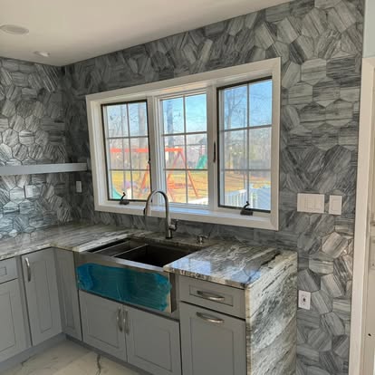 Grey-blue cabinets, quartzite counters — photo 9 of 13, by GT Stone and Cabinets Installation in South Amboy, NJ