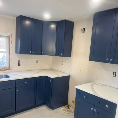 Navy Shaker kitchen, quartz counters — photo 2 of 6, by GT Stone and Cabinets Installation in South Amboy, NJ