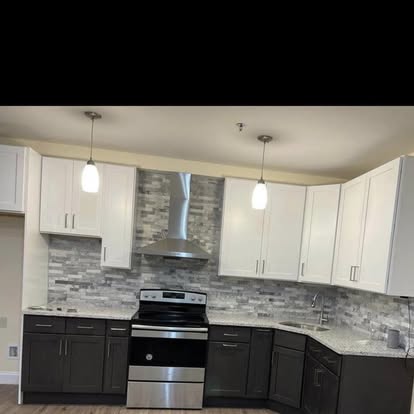 Two-tone kitchen with a stacked-stone accent — photo 4 of 10, by GT Stone and Cabinets Installation in South Amboy, NJ
