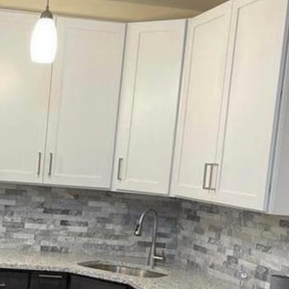 Two-tone kitchen with a stacked-stone accent — photo 6 of 10, by GT Stone and Cabinets Installation in South Amboy, NJ