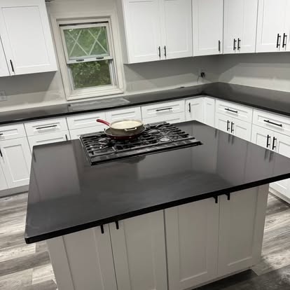 White kitchen, black-and-white quartz — photo 3 of 13, by GT Stone and Cabinets Installation in South Amboy, NJ
