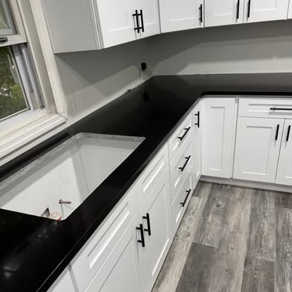 White kitchen, black-and-white quartz — photo 5 of 13, by GT Stone and Cabinets Installation in South Amboy, NJ