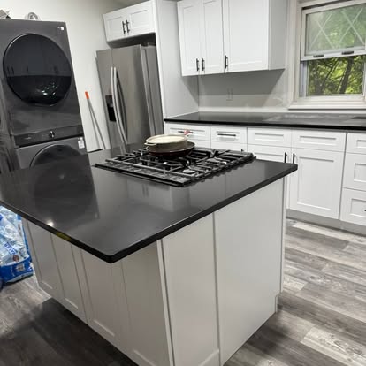 White kitchen, black-and-white quartz — photo 10 of 13, by GT Stone and Cabinets Installation in South Amboy, NJ