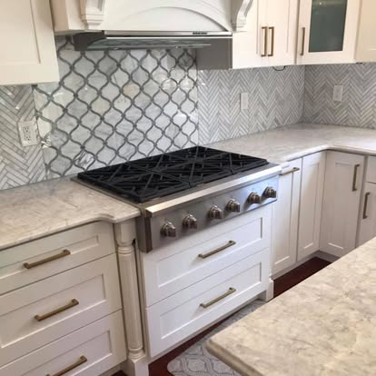 White kitchen, brass fixtures, arabesque backsplash — photo 9 of 19, by GT Stone and Cabinets Installation in South Amboy, NJ