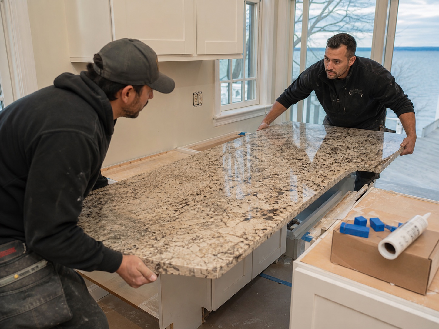 Installers setting a fabricated granite countertop in a South Amboy, NJ kitchen